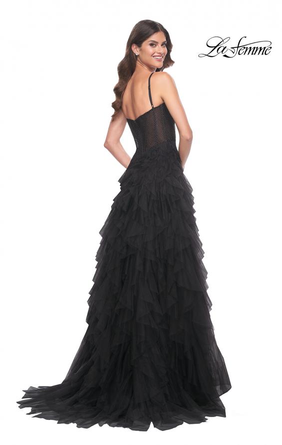 Picture of: Tulle A-Line Dress with Ruffle Skirt and Buster Rhinestone Fishnet Bodice in Black, Style: 32233, Back Picture