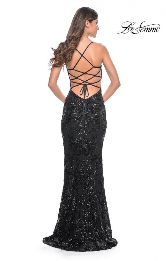Picture of: Black Print Sequin Gown with Square Neckline in Black, Style: 32255, Back Picture