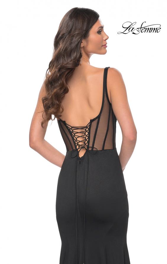 Picture of: Mermaid Jersey Gown with Bustier Top and Lace Up Back in Black, Style: 32268, Back Picture