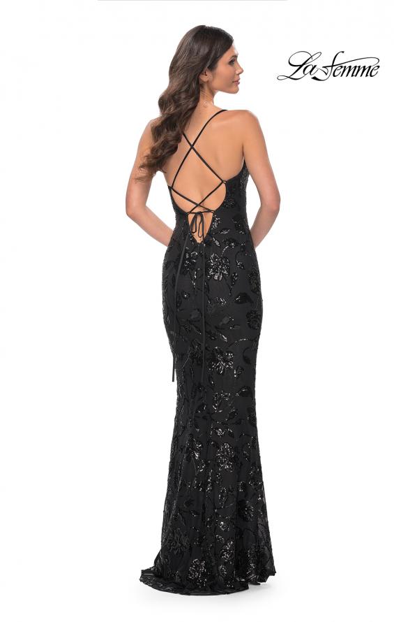 Picture of: Black Print Sequin Stretch Dress with Lace Up Back in Black, Style: 32415, Back Picture