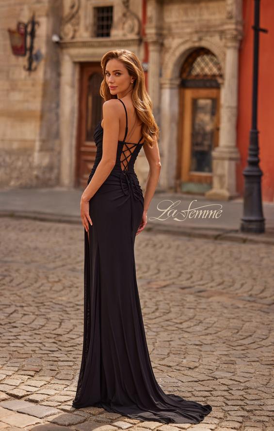Picture of: Ruched Jersey Gown with Lace-Up Back and High Slit in Black, Style: 33298, Back Picture
