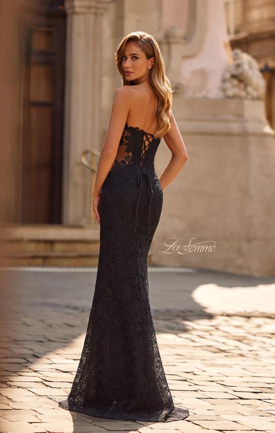Picture of: Strapless Lace Gown with Sheer Sides, Lace-Up Back, and High Slit in Black, Style: 33316, Back Picture