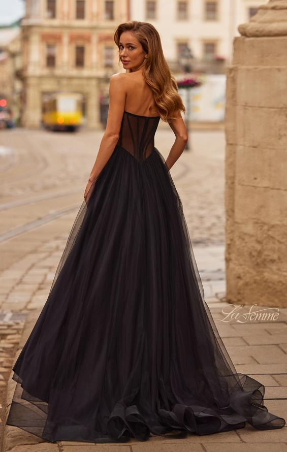 Black Picture of: Strapless Corset Gown with Tulle Skirt and High Slit in Black, Style: 33491, Back Picture