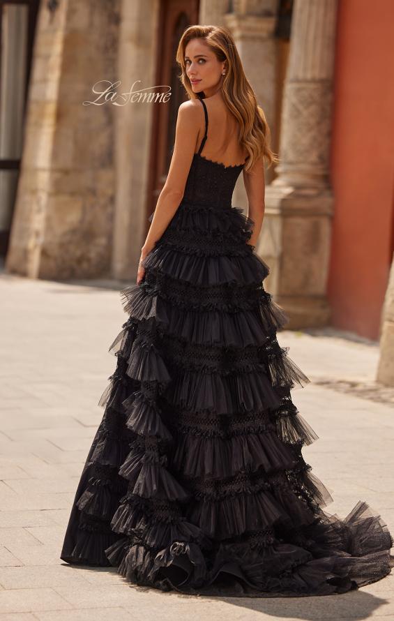 Black Picture of: Tiered Ruffle Gown with Beaded Bodice and High Slit in Black, Style: 33493, Back Picture
