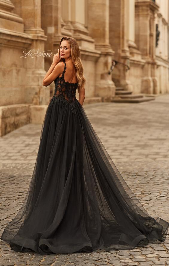 Black Picture of: Beaded Lace Corset Gown with Sheer Tulle Skirt and Slit in Black, Style: 33499, Back Picture