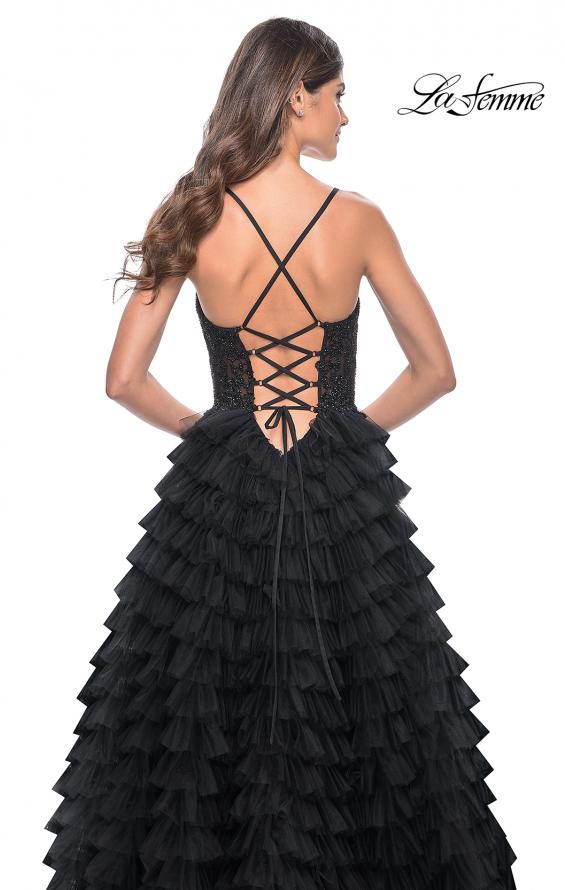 Picture of: Ruffle Tulle Prom Gown with Illusion Lace Bodice and High Slit in Black, Style: 32128, Detail Picture 18