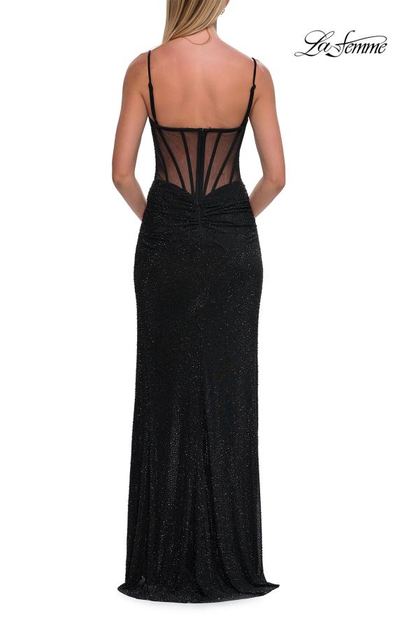 Picture of: Rhinestone Fitted Gown with Draped Bodice and Sheer Corset Back in Black, Style: 33343, Detail Picture 18