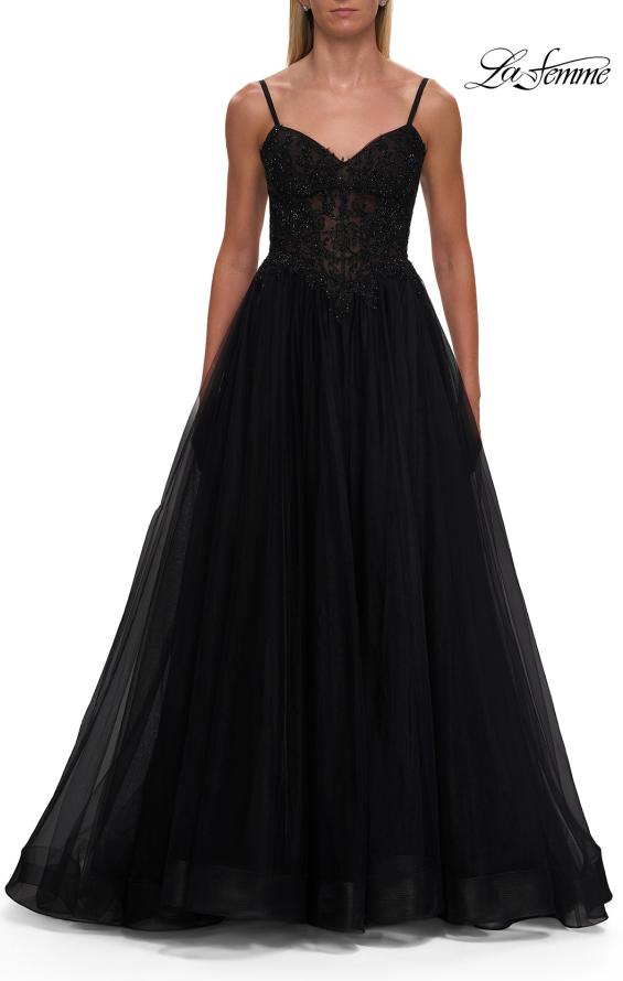 Black Picture of: Lace Corset Tulle Gown with High Slit and A-Line Skirt in Black, Style: 33436, Detail Picture 18