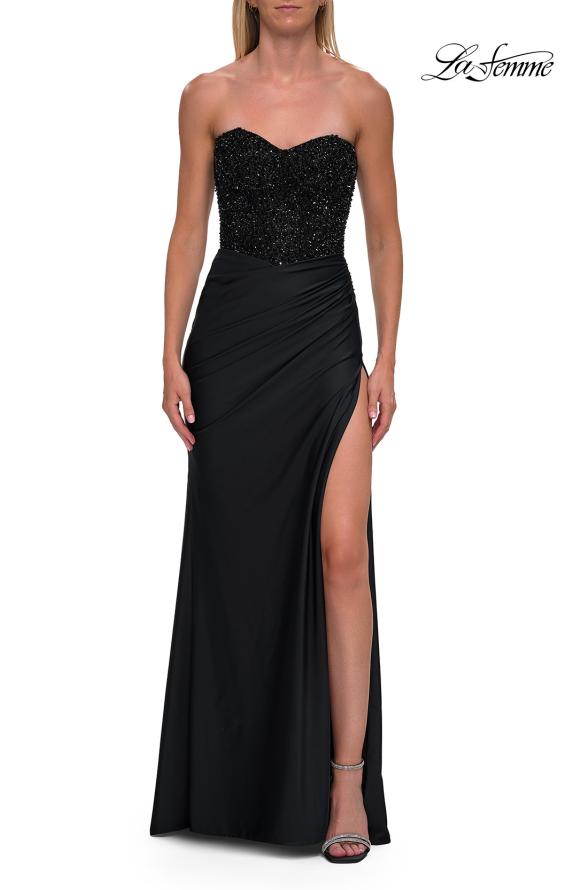 Picture of: Strapless Embellished Corset Gown with High Slit and Lace-Up Back in Black, Style: 33355, Detail Picture 20