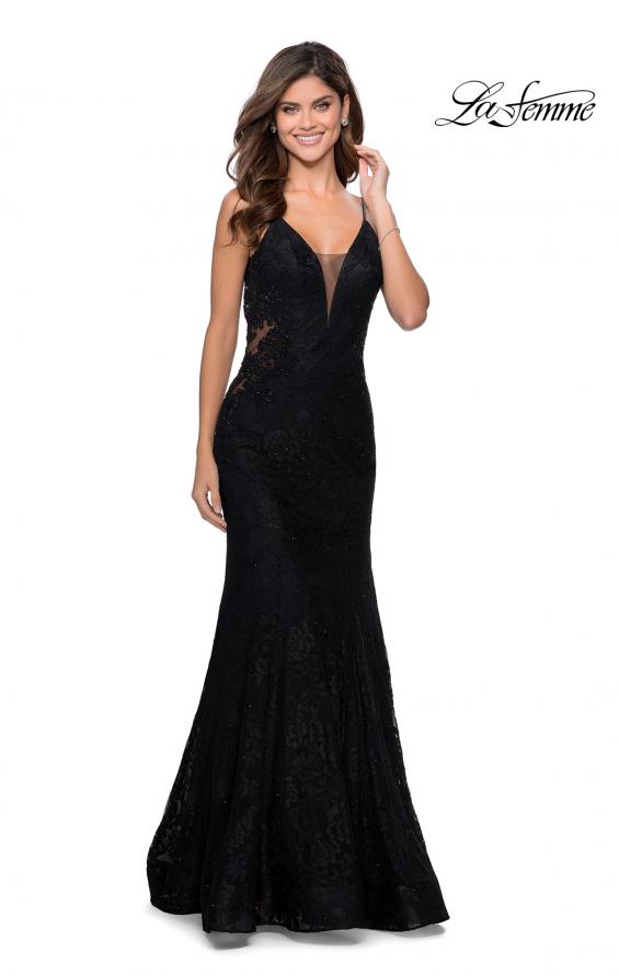 Picture of: Long Mermaid Lace Dress with Back Rhinestone Detail in Black, Style: 28355, Detail Picture 21
