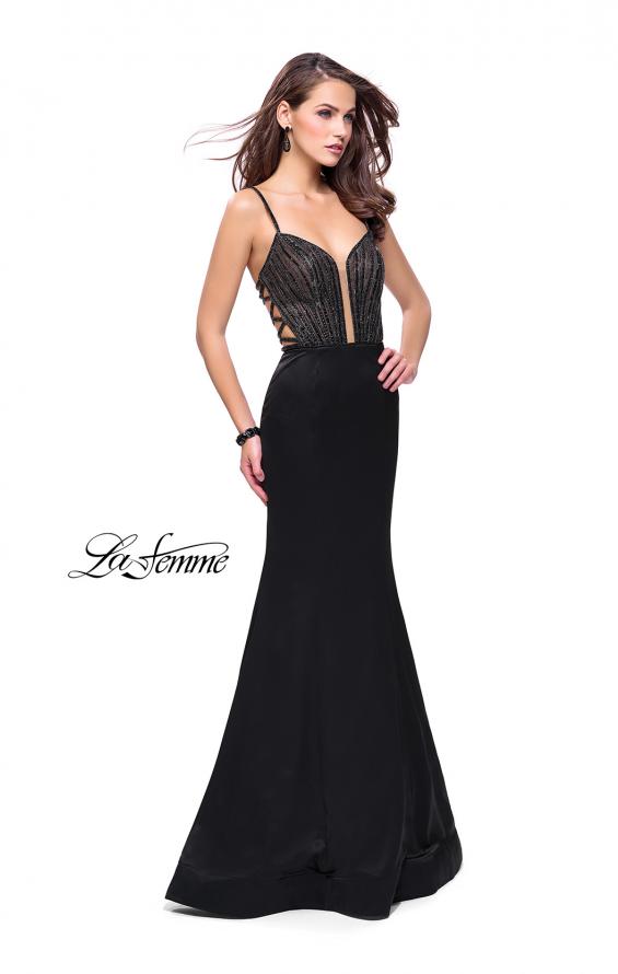Picture of: Mermaid Prom Dress with Beaded Top and Strappy Back in Black, Style: 24691, Detail Picture 1
