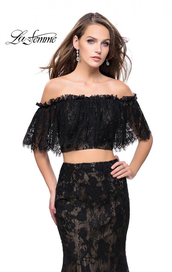 Picture of: Two Piece Mermaid Style Gown with Off the Shoulder Top in Black, Style: 25417, Detail Picture 1