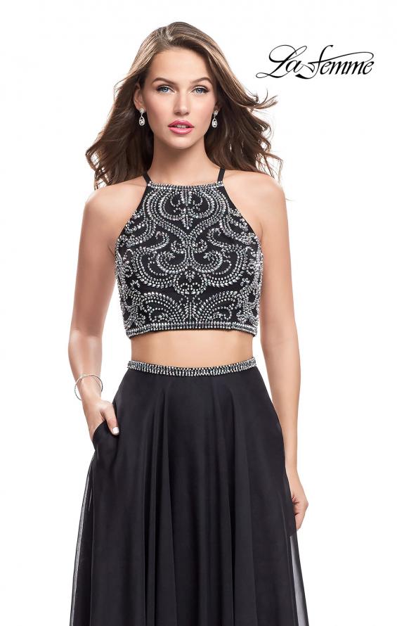 Picture of: Long Two Piece Dress with Beading and Strappy Back in Black, Style: 25469, Detail Picture 1