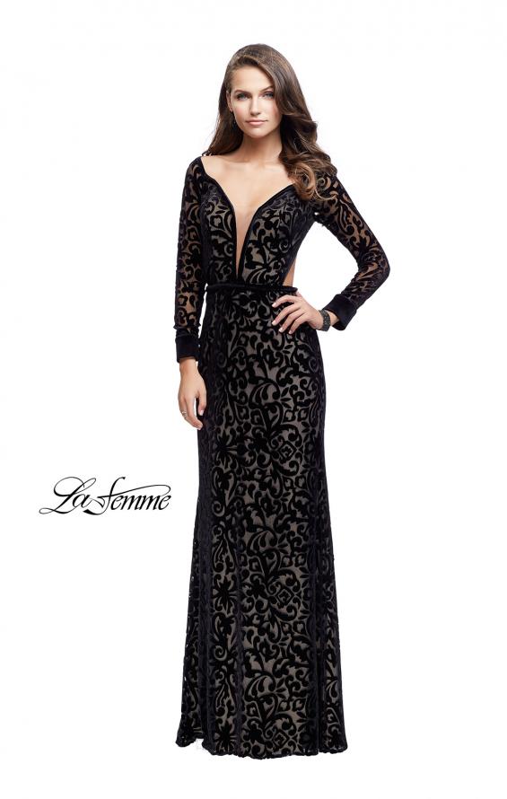 Picture of: Velvet Long Sleeve Prom Dress with Open Back and Deep V in Black, Style: 25497, Detail Picture 1
