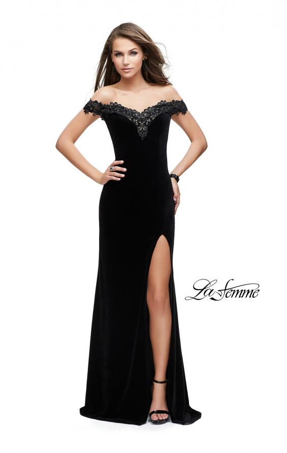 Picture of: Long Velvet Off the Shoulder Gown with Lace Detail in Black, Style: 25591, Detail Picture 1