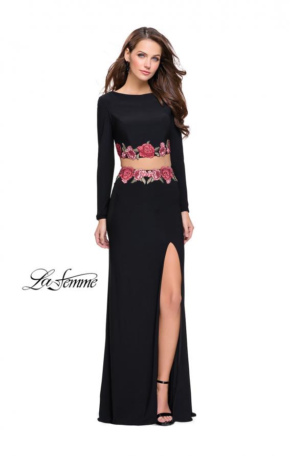 Picture of: Long Sleeve Two Piece Dress with Floral Applique in Black, Style: 25695, Detail Picture 1