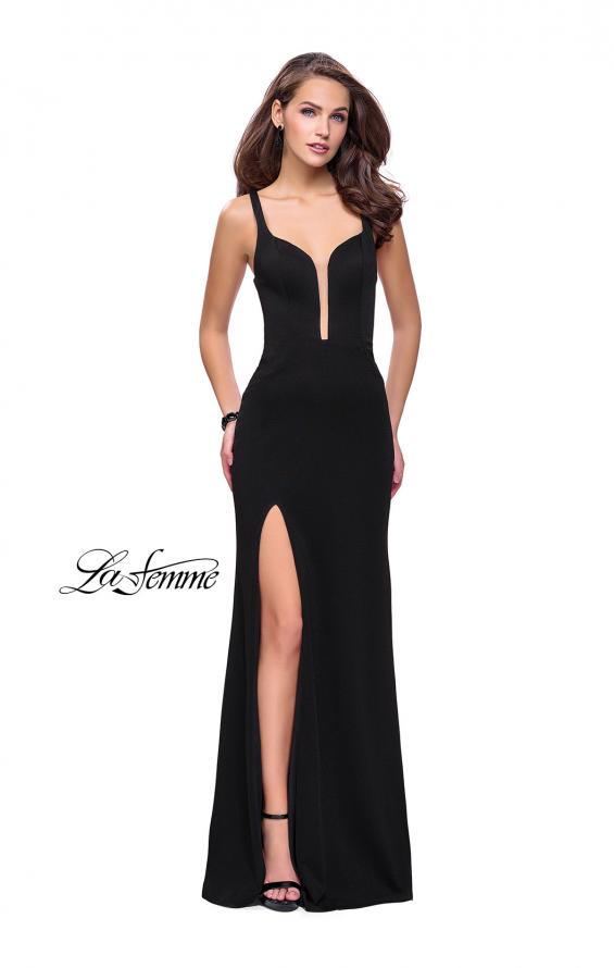 Picture of: Long Jersey Prom Dress with Caged Strappy Open Back in Black, Style: 25720, Detail Picture 1
