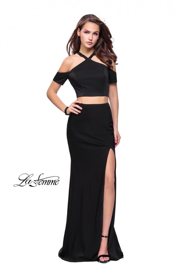Picture of: Two Piece Long Prom Dress with Beaded Halter Top in Black, Style: 25846, Detail Picture 1