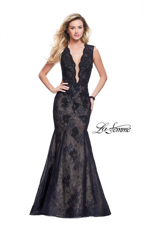 Picture of: Long Beaded Lace Mermaid Prom Dress with Open Back in Black, Style: 26120, Detail Picture 1