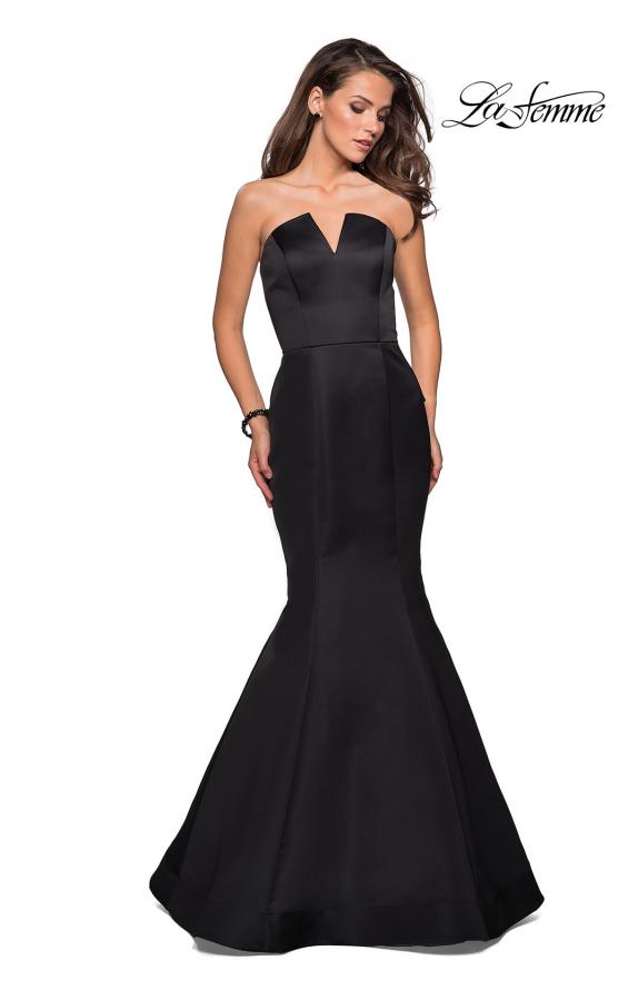 Picture of: Strapless V Prom Gown with Cascading Ruffle Back in Black, Style: 27105, Detail Picture 1