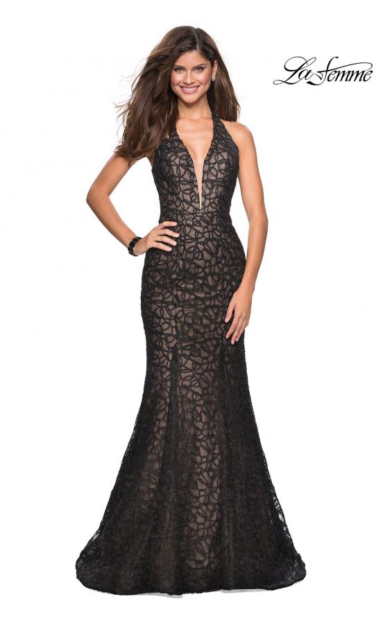 Picture of: Metallic Lace Halter Long Prom Dress with Open Back in Black, Style: 27228, Detail Picture 1