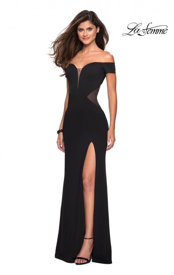 Picture of: Form Fitting Off the Shoulder Dress with Illusion Detail in Black, Style: 27480, Back Picture