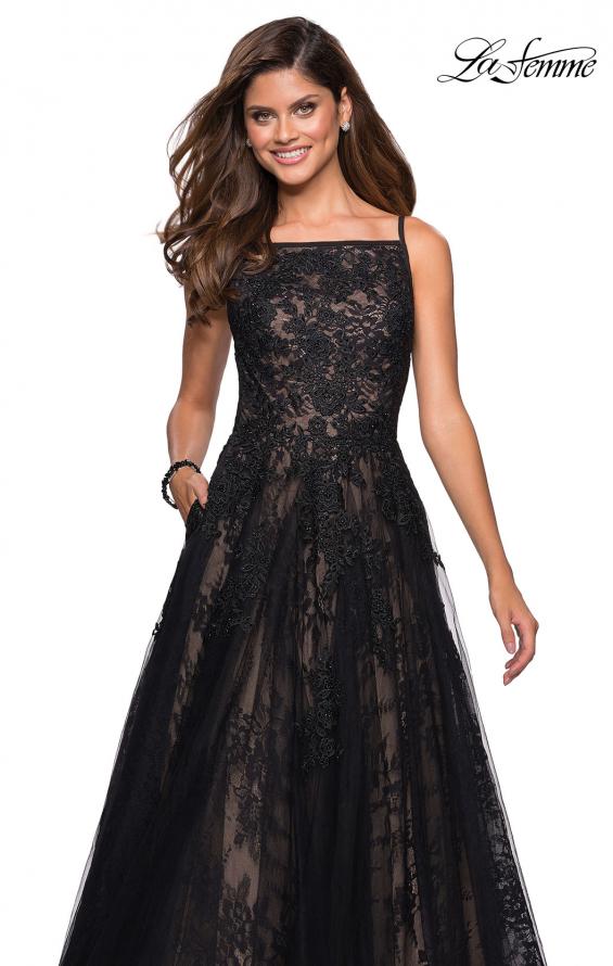 Picture of: Tulle and Lace Long Evening Gown with Pockets in Black, Style: 27488, Detail Picture 1