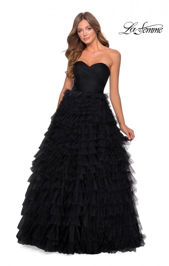 Picture of: Cascading Tulle Strapless Gown with Ruching in Black, Style: 28345, Detail Picture 1