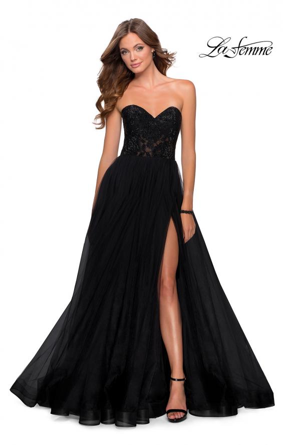 Picture of: Strapless Tulle Dress with Lace Rhinestone Bodice in Black, Style: 28487, Detail Picture 1