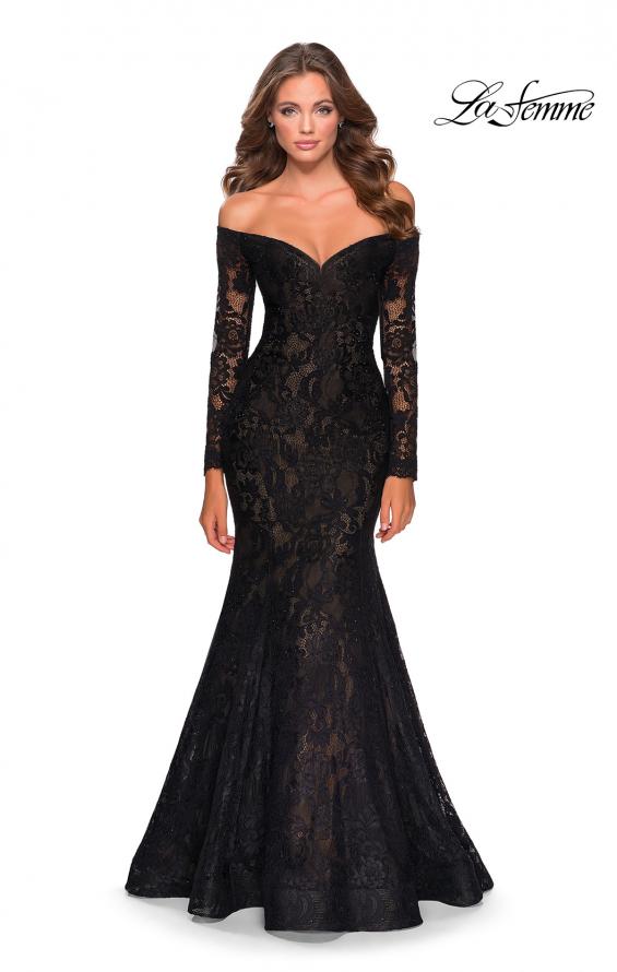 Picture of: Off the Shoulder Lace Long Sleeve Prom Dress in Black, Style: 28569, Detail Picture 1