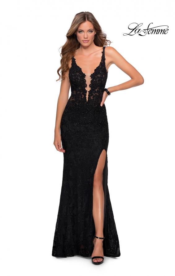 Picture of: Long Lace Prom Dress with Plunging Neckline in Black, Style: 28648, Detail Picture 1