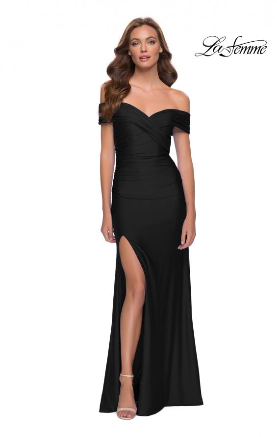 Picture of: Off the Shoulder Chic Jersey Gown with Ruching in Black, Style 29781, Detail Picture 1