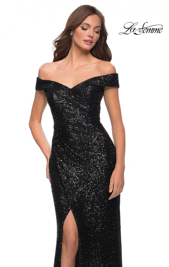 Picture of: Off the Shoulder Ruched Sequin Dress with Slit in Black, Style 29831, Detail Picture 1