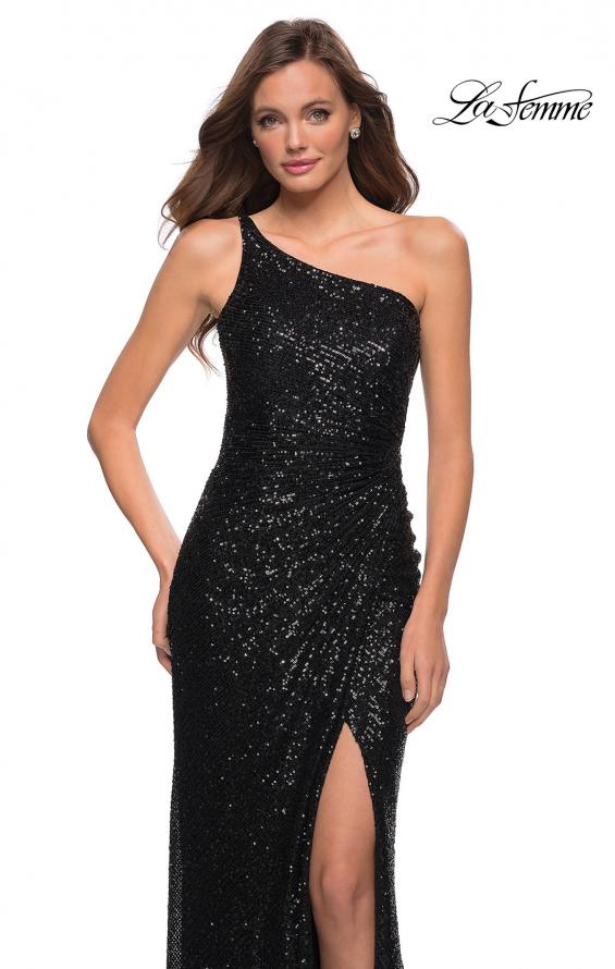 Picture of: Sequin Gown with One Shoulder Top and Open Back in Black, Style 29962, Detail Picture 1