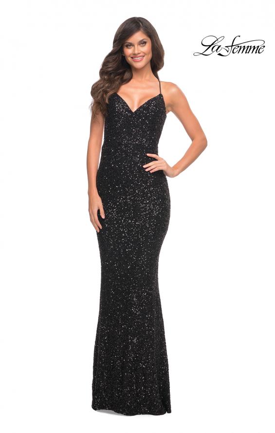 Picture of: Luxurious Soft Sequin Dress with V Neckline in Black, Style: 30523, Detail Picture 1