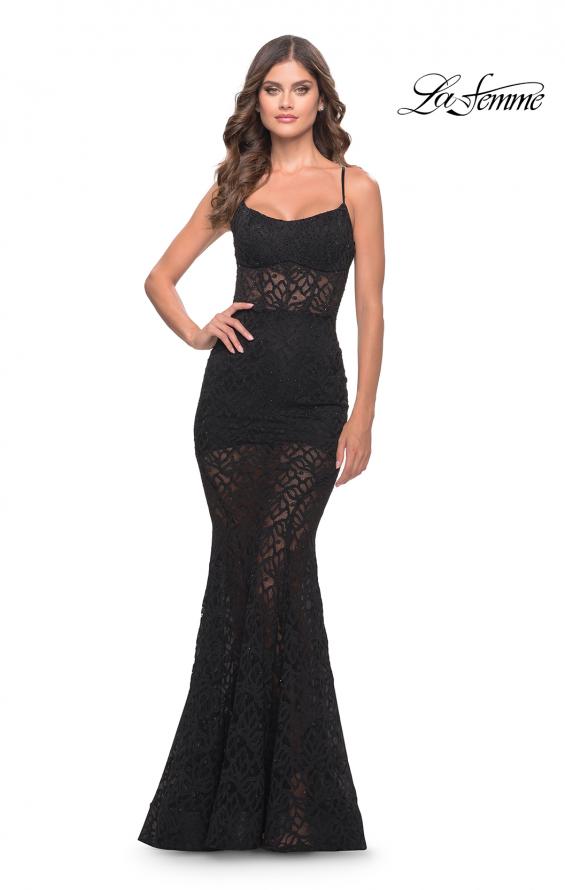 Picture of: Romper Lace Dress with Sheer Skirt and Lace Up Back in Black, Style: 31253, Detail Picture 1