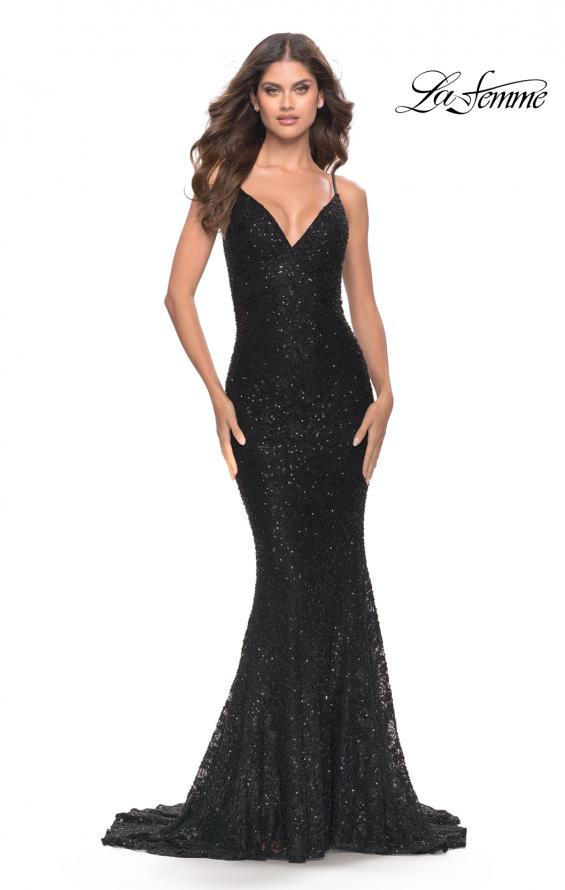 Picture of: Beaded Lace Mermaid Gown with Sheer Side Panels in Black, Style: 31257, Detail Picture 1