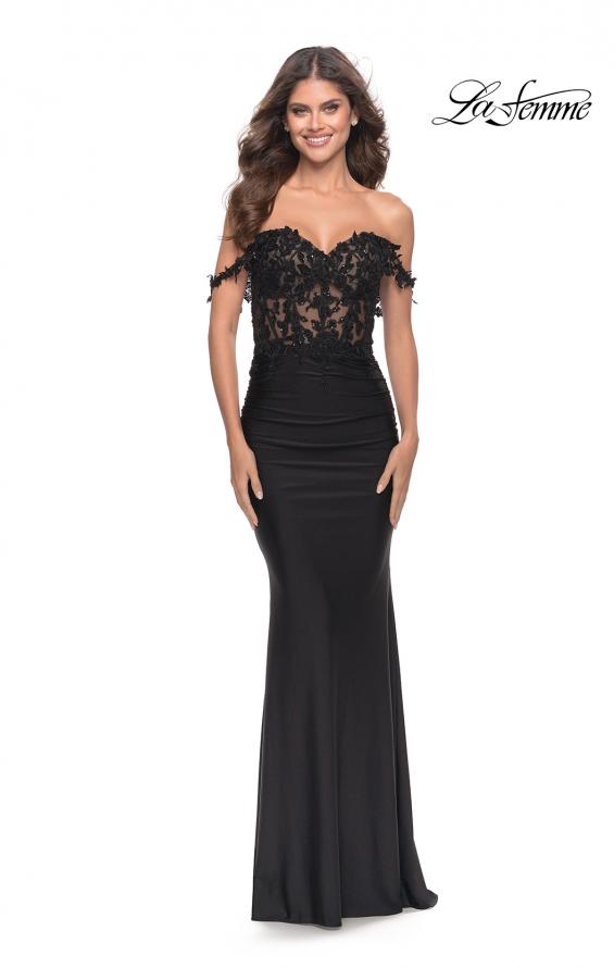 Picture of: Sheer Lace Bodice with Off the Shoulder Straps and Jersey Skirt Gown in Black, Style: 31314, Detail Picture 1