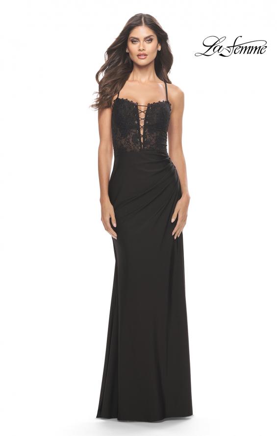 Picture of: Lace Bodice with Tie Up Deep V Neckline Jersey Dress in Black, Style: 31567, Detail Picture 1
