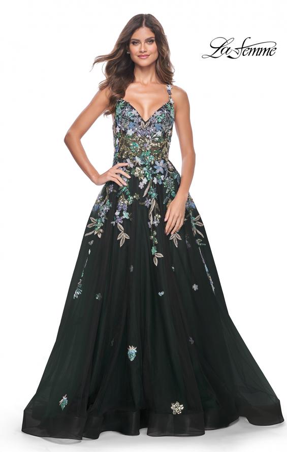 Picture of: Gorgeous Sequin Floral Lace Applique A-Line Tulle Prom Dress in Black, Style: 32023, Detail Picture 1