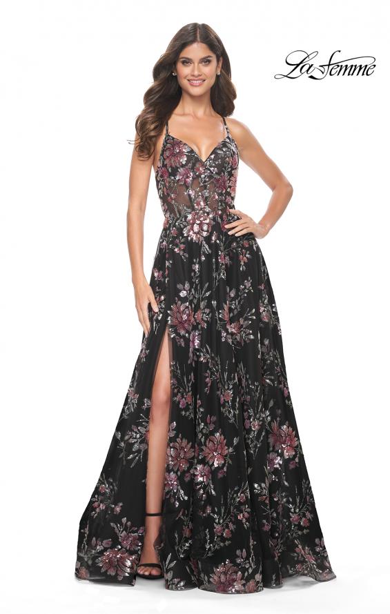 Picture of: Unique Lace Sequin Applique Tulle A-Line Prom Dress in Black, Style: 32031, Detail Picture 1