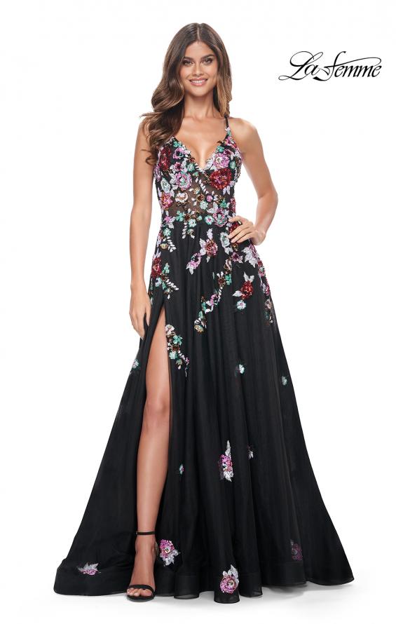 Picture of: Multi Color Sequin Floral Applique A-Line Prom Dress in Black, Style: 32051, Detail Picture 1