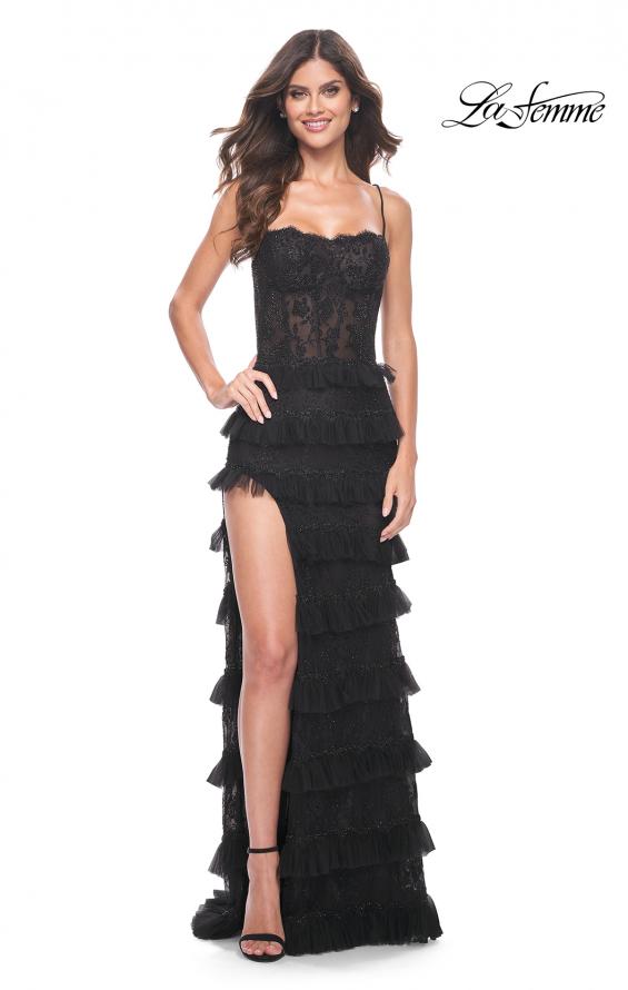 Picture of: Fitted Ruffle Skirt Lace Dress with Illusion Bodice in Black, Style: 32113, Detail Picture 1