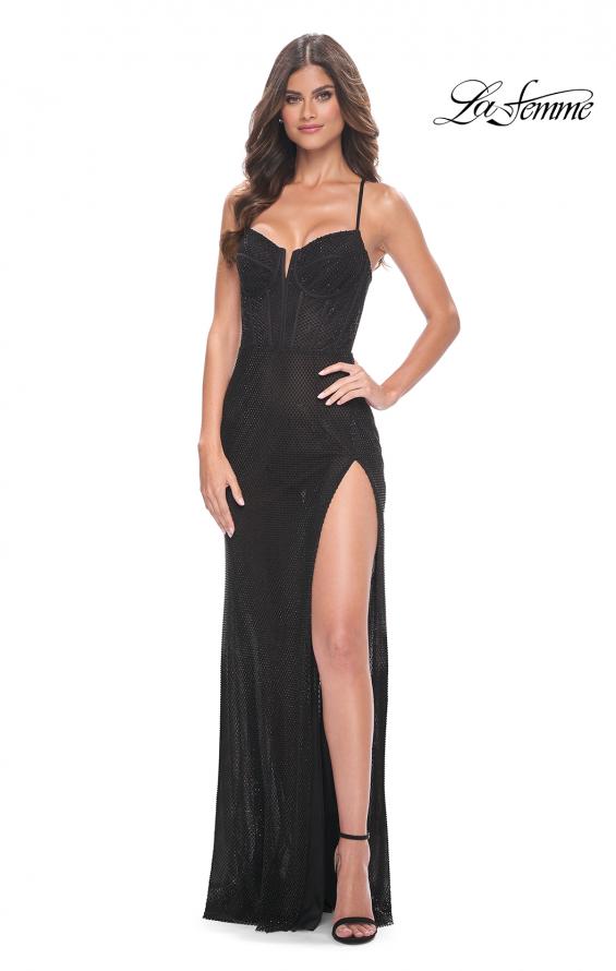 Picture of: Fishnet Rhinestone Prom Dress with Bustier Top and High Slit in Black, Style: 32210, Detail Picture 1