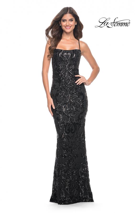 Picture of: Black Print Sequin Gown with Square Neckline in Black, Style: 32255, Detail Picture 1