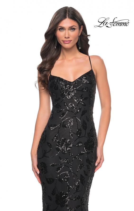 Picture of: Black Print Sequin Stretch Dress with Lace Up Back in Black, Style: 32415, Detail Picture 1