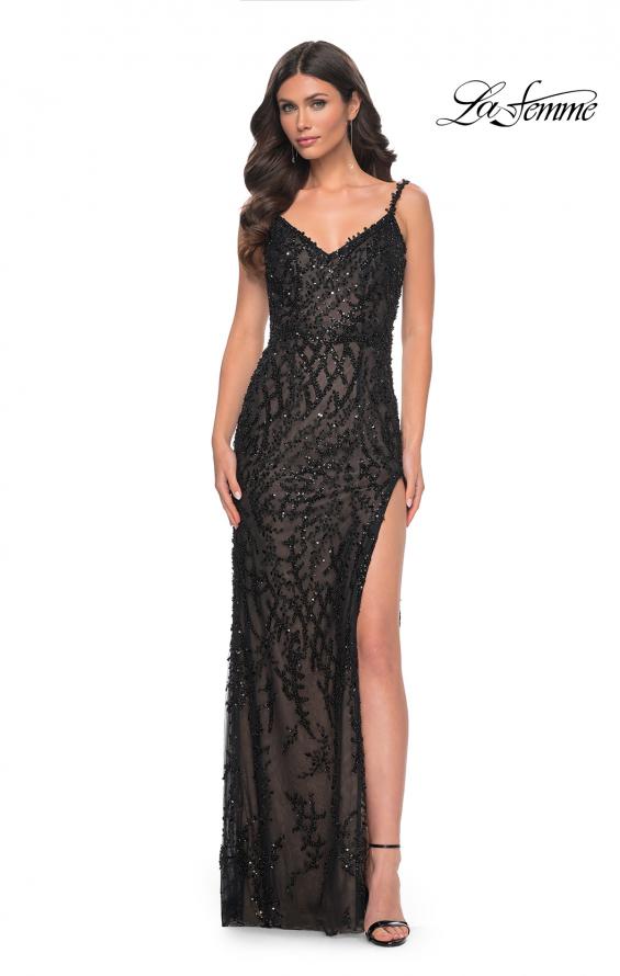 Picture of: Beaded Gown with Intricate Design and V Neckline in Black, Style: 32450, Detail Picture 1