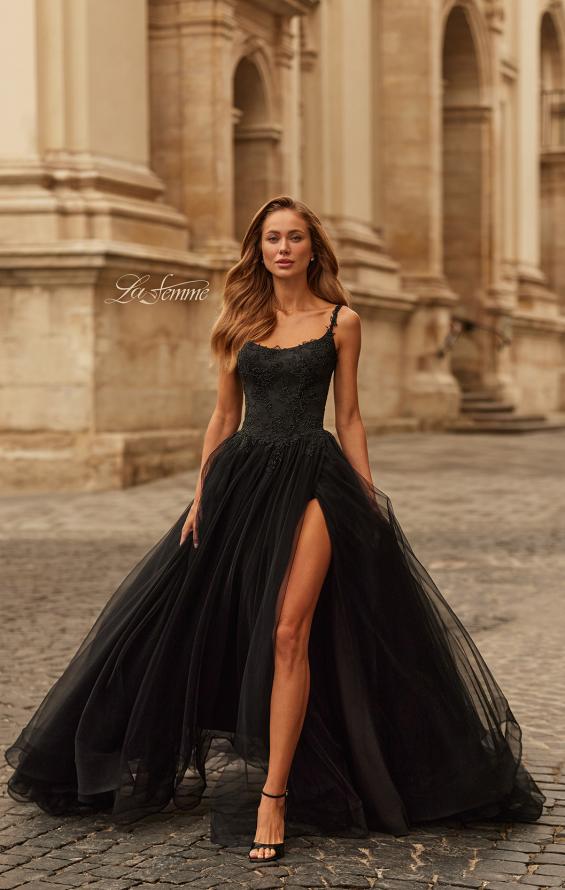 Black Picture of: Beaded Lace Corset Gown with Sheer Tulle Skirt and Slit in Black, Style: 33499, Detail Picture 1