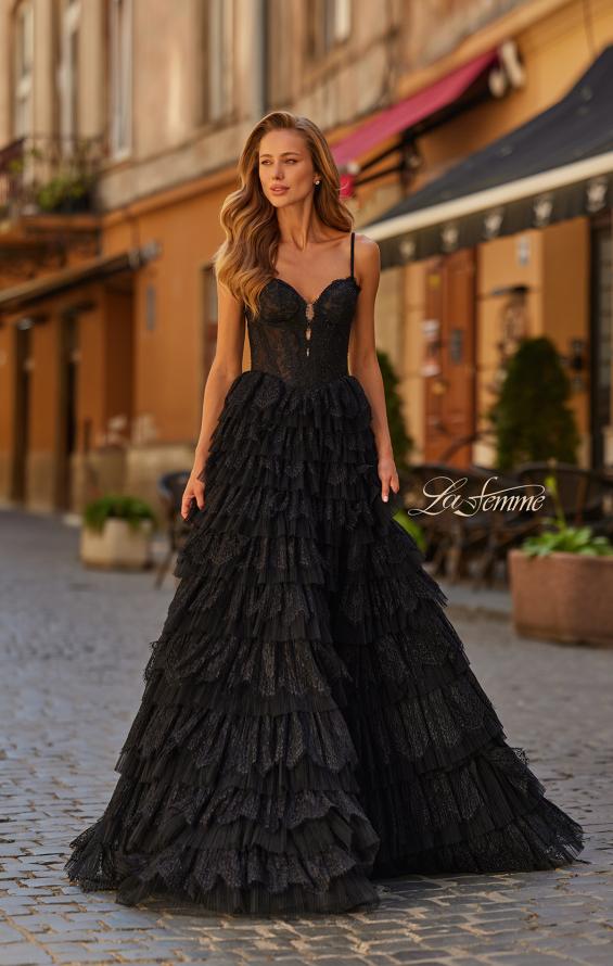 Black Picture of: Tiered Lace A-Line Gown with Corset Bodice and Slit in Black, Style: 33525, Detail Picture 1