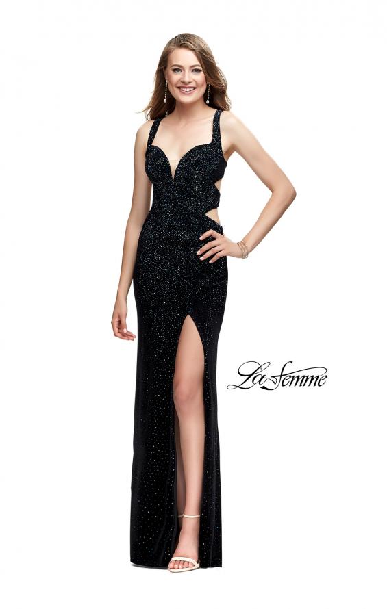 Picture of: Velvet Prom Dress Covered in Rhinestones with Side Cut Outs in Black, Style: 25266, Detail Picture 2